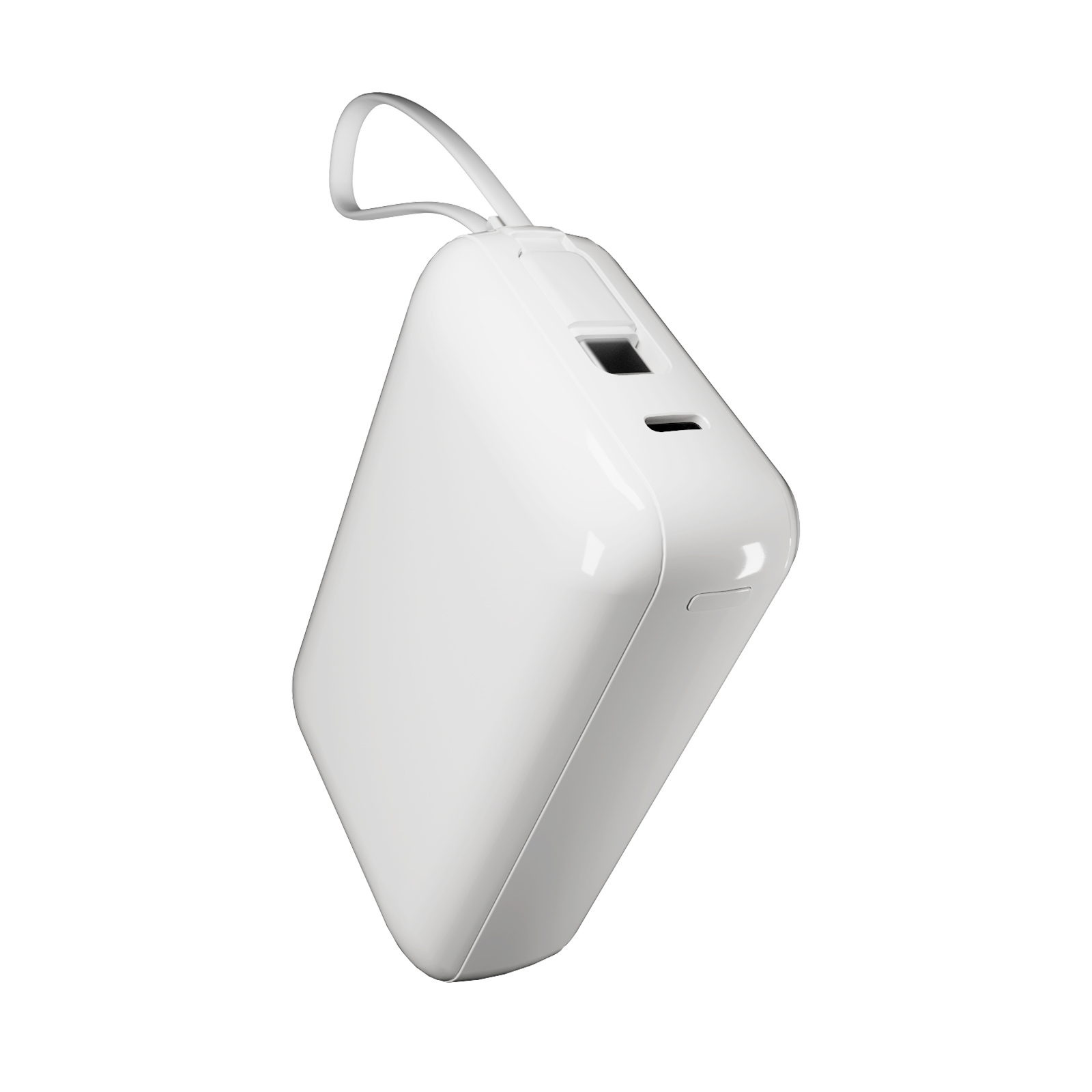 Un power bank portatile bianco con cinturino coordinato è mostrato in diagonale su sfondo bianco.