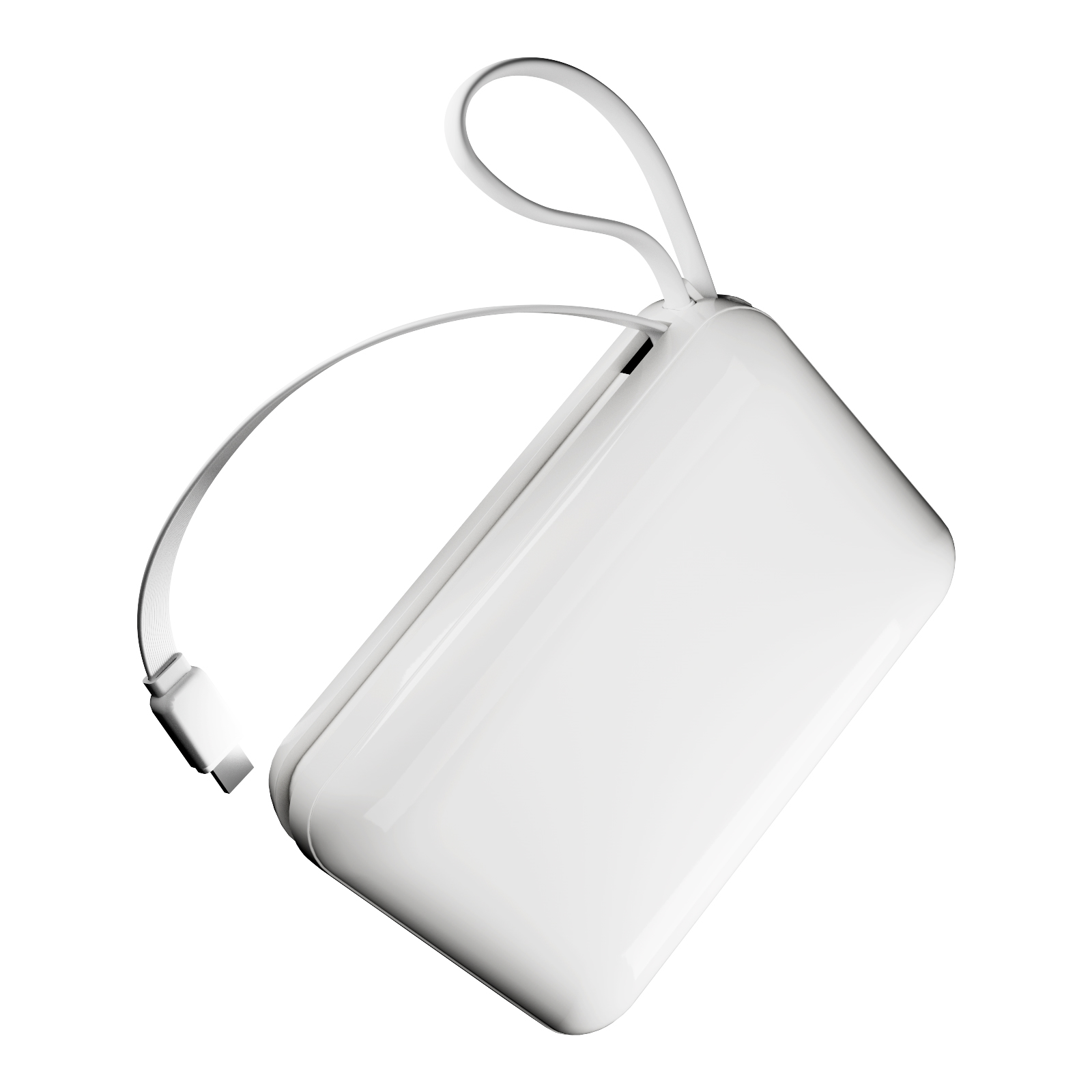 Un power bank bianco con cavo di ricarica integrato e cinturino a cappio su sfondo bianco.