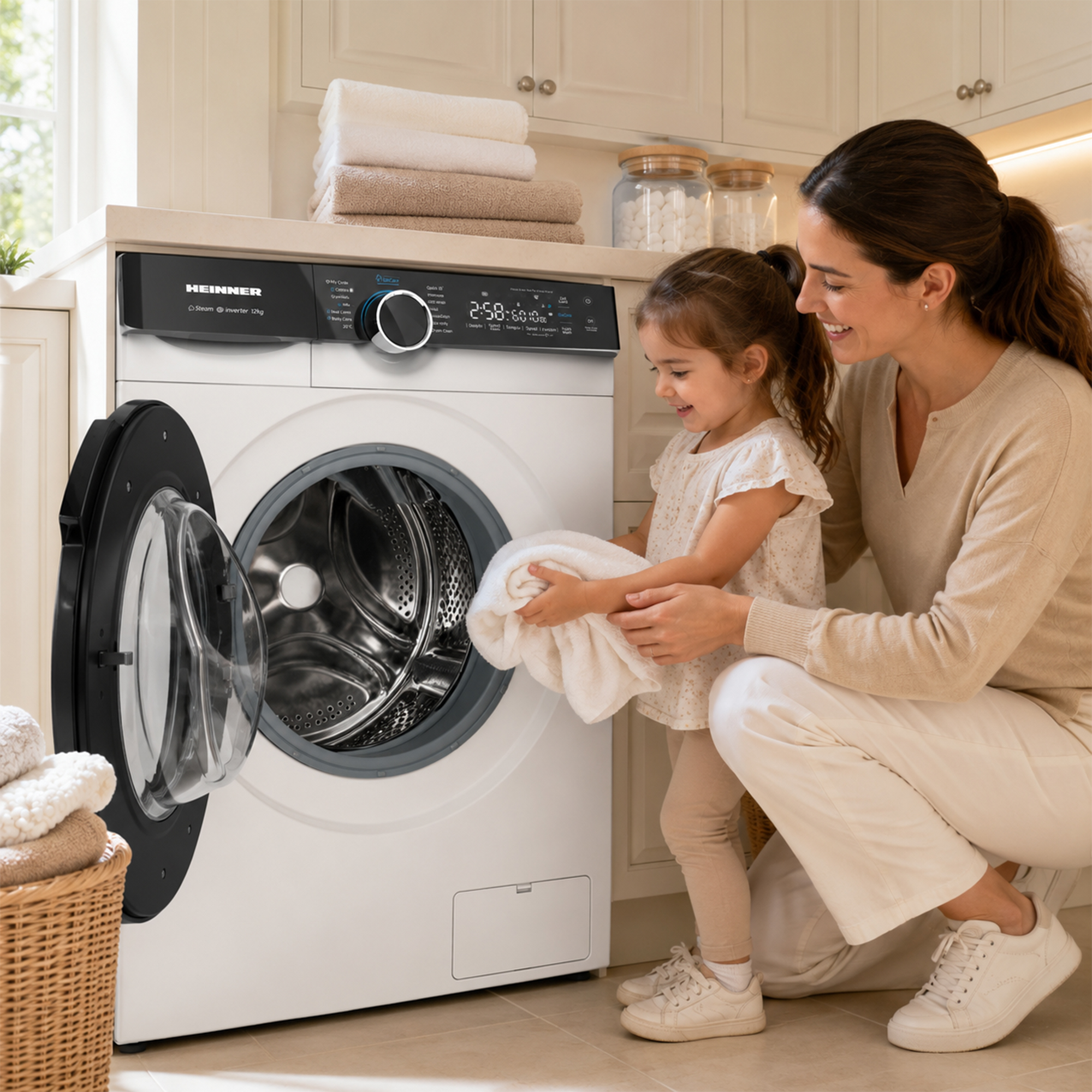 Une mère et sa fille chargent ensemble un lave-linge blanc dans une cuisine lumineuse.