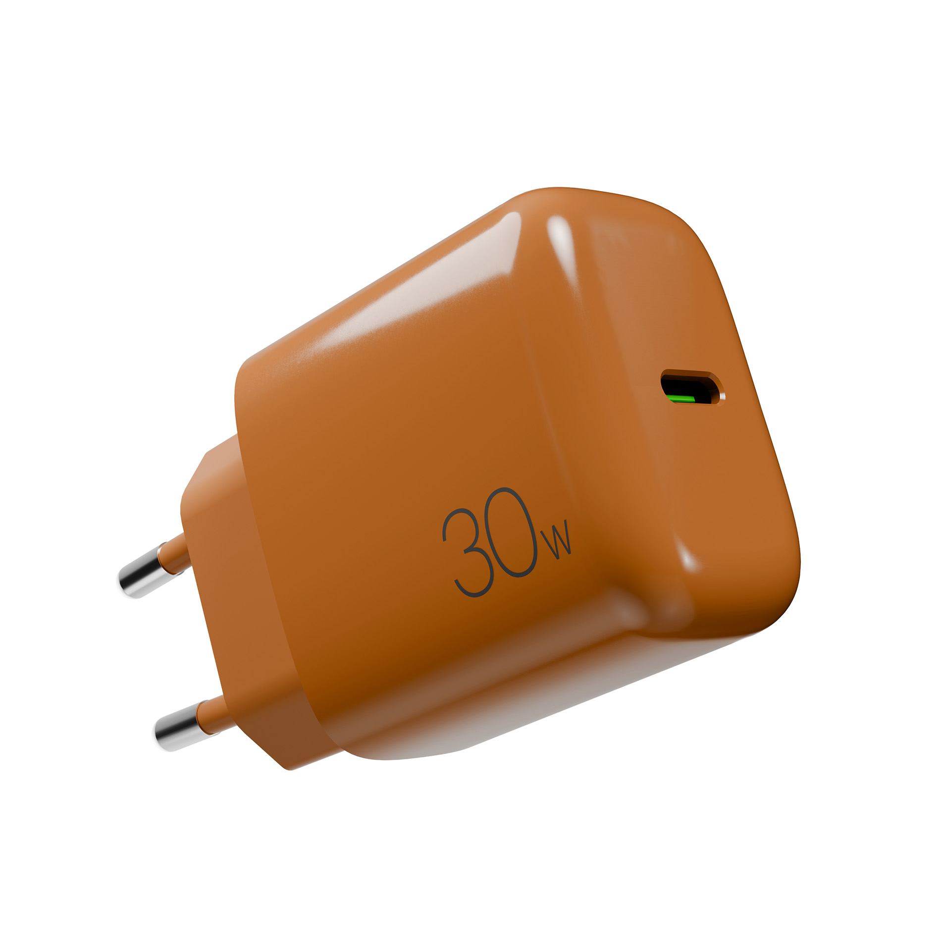 Un cargador de pared USB-C brillante de 30W de color naranja con enchufes europeos sobre fondo blanco.