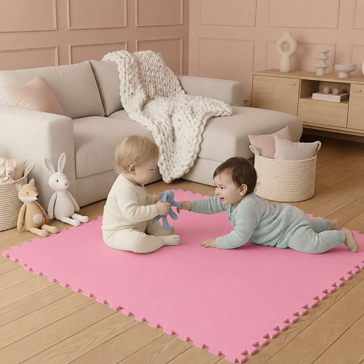 Zwei Kleinkinder spielen auf einer rosa Schaumstoffmatte in einem Wohnzimmer mit beigem Sofa.
