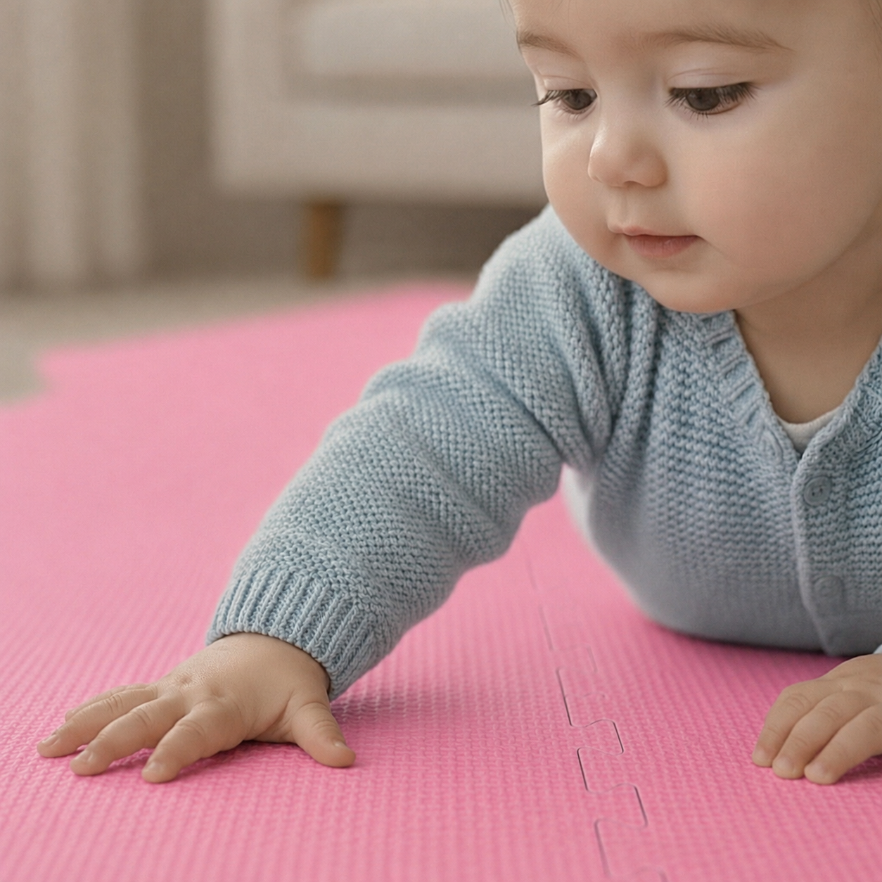 Ein Baby in einem hellblauen Pullover krabbelt auf einer pinken Spielmatte.