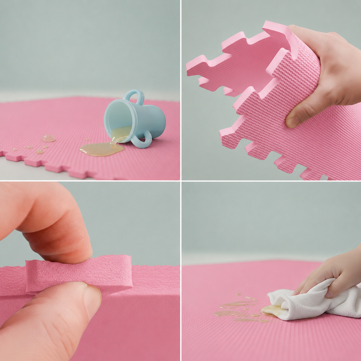 Vierteiliges Bild zeigt Flüssigkeit auf pinkfarbener Schaumstoffmatte, die gebogen, gedrückt und weggewischt wird.