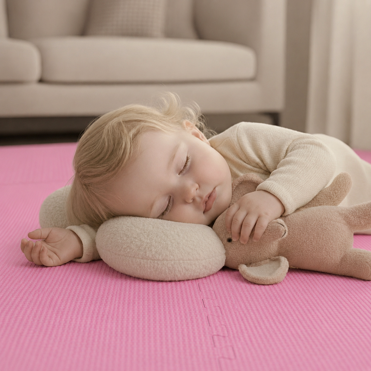 Ein blondes Baby schläft friedlich auf einer rosa Matte und umarmt ein Kuscheltier.