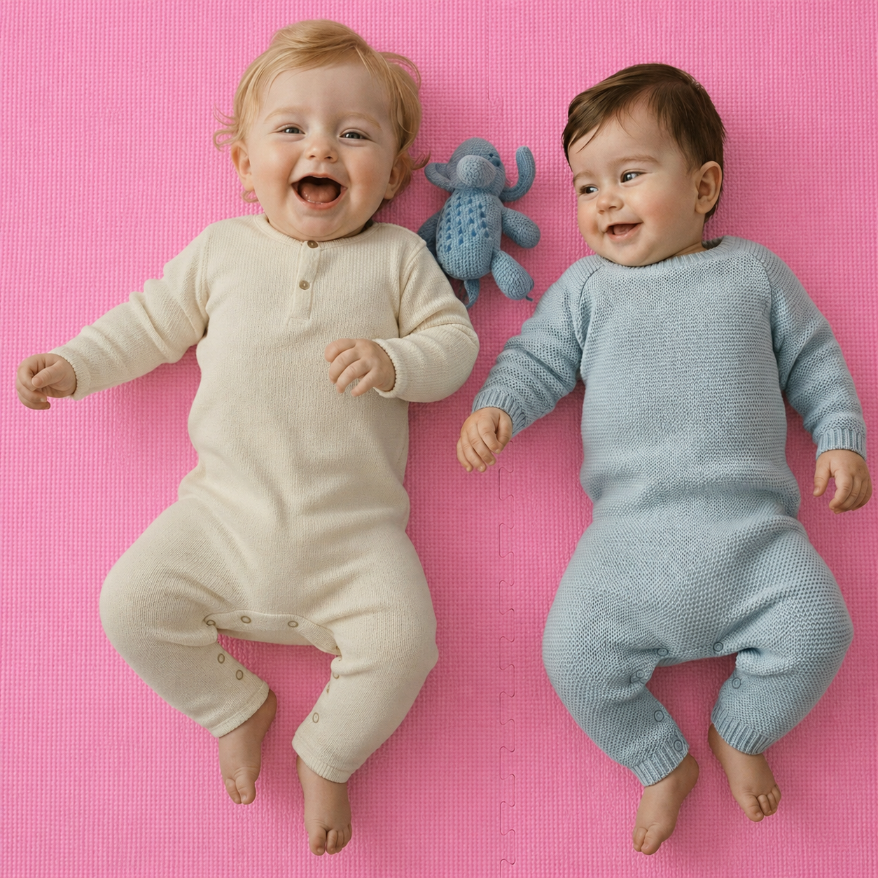 Zwei Babys liegen lächelnd auf einer rosa Matte mit einem blauen Stofftier dazwischen.