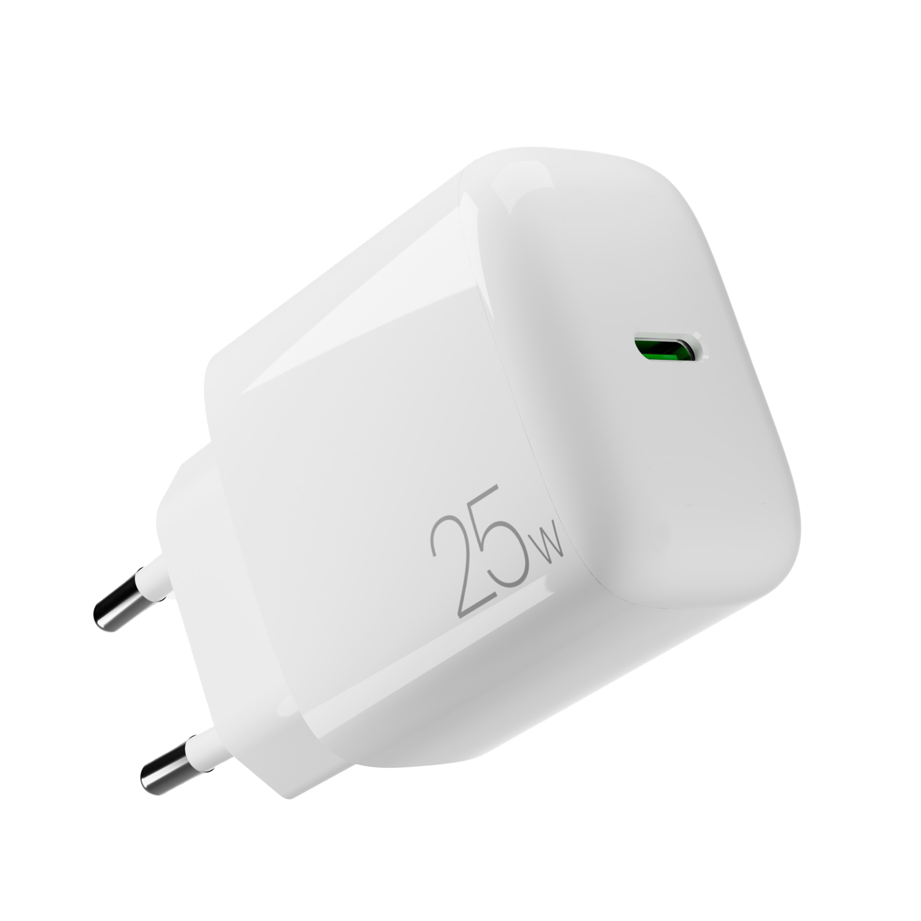 Un cargador de pared USB-C blanco de 25W con enchufe europeo sobre fondo blanco.