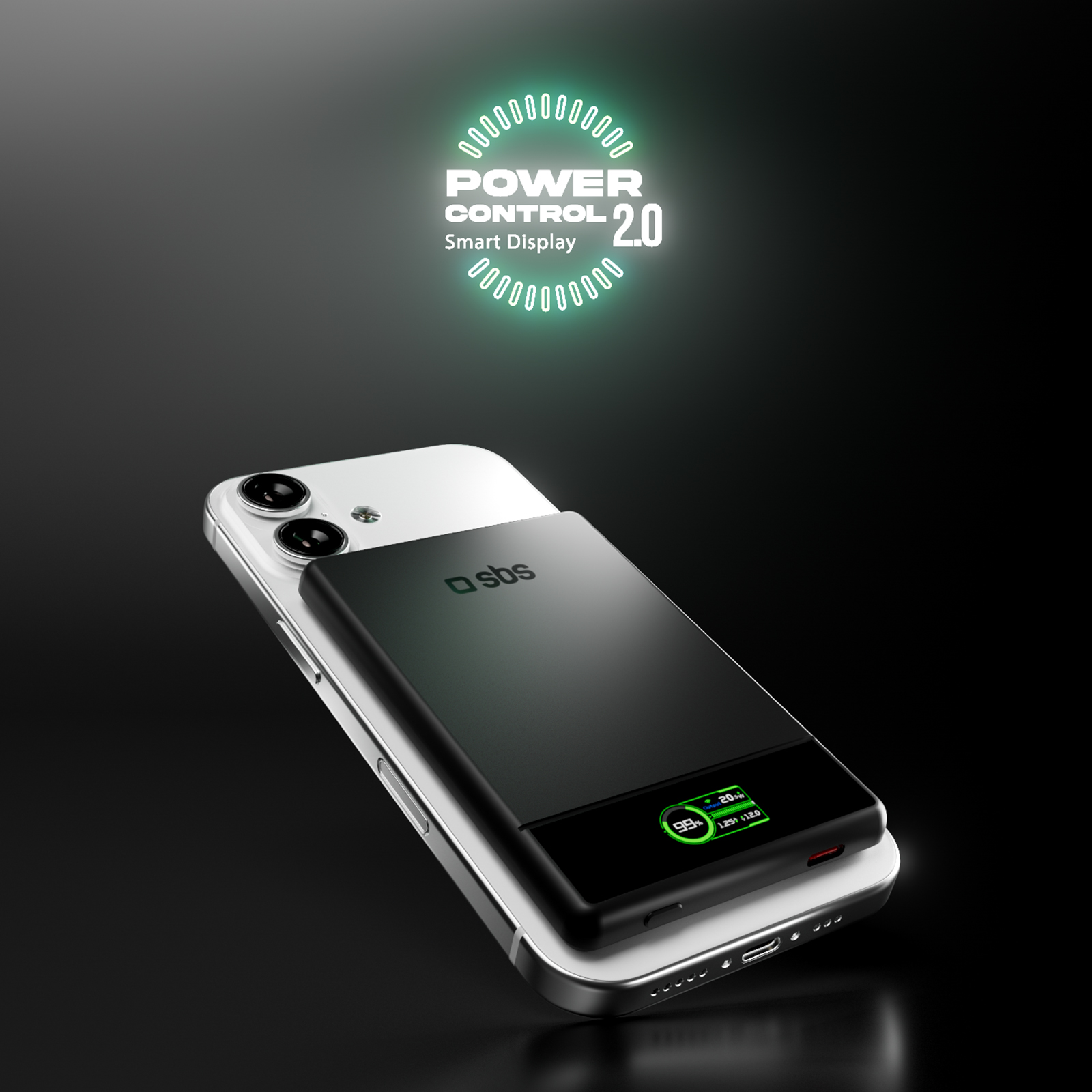 Uno smartphone bianco con power bank nero sul retro e display che mostra 99 percento.