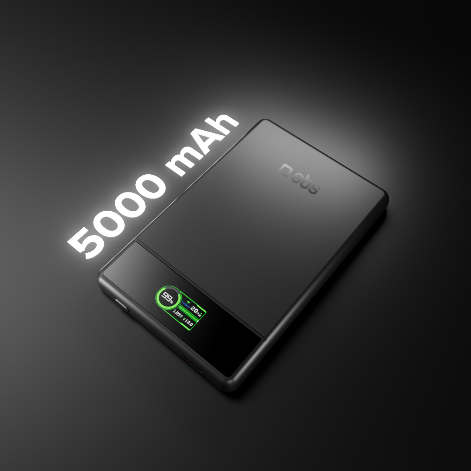 Un power bank SBS nero da 5000 mAh con display digitale su sfondo scuro.