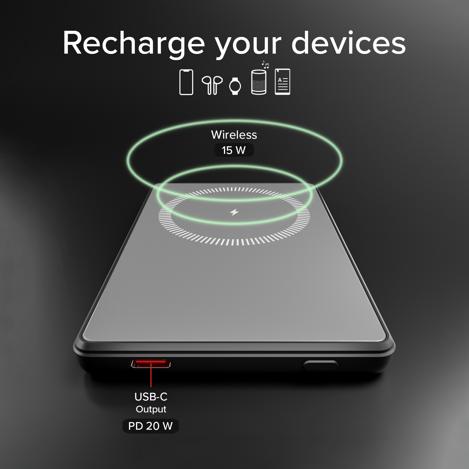 Un power bank con ricarica wireless da 15W e uscita USB-C da 20W.