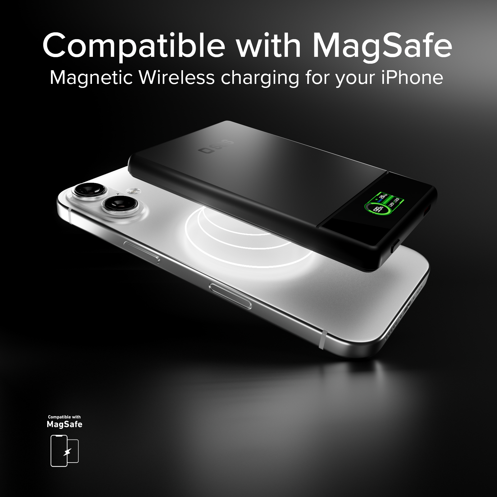 Un power bank nero carica magneticamente un iPhone argento su sfondo scuro.