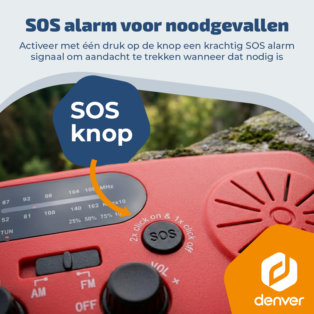Rotes SOS-Notfallradio mit AM/FM-Skala, Lautstärkeregler und einer markierten SOS-Taste.