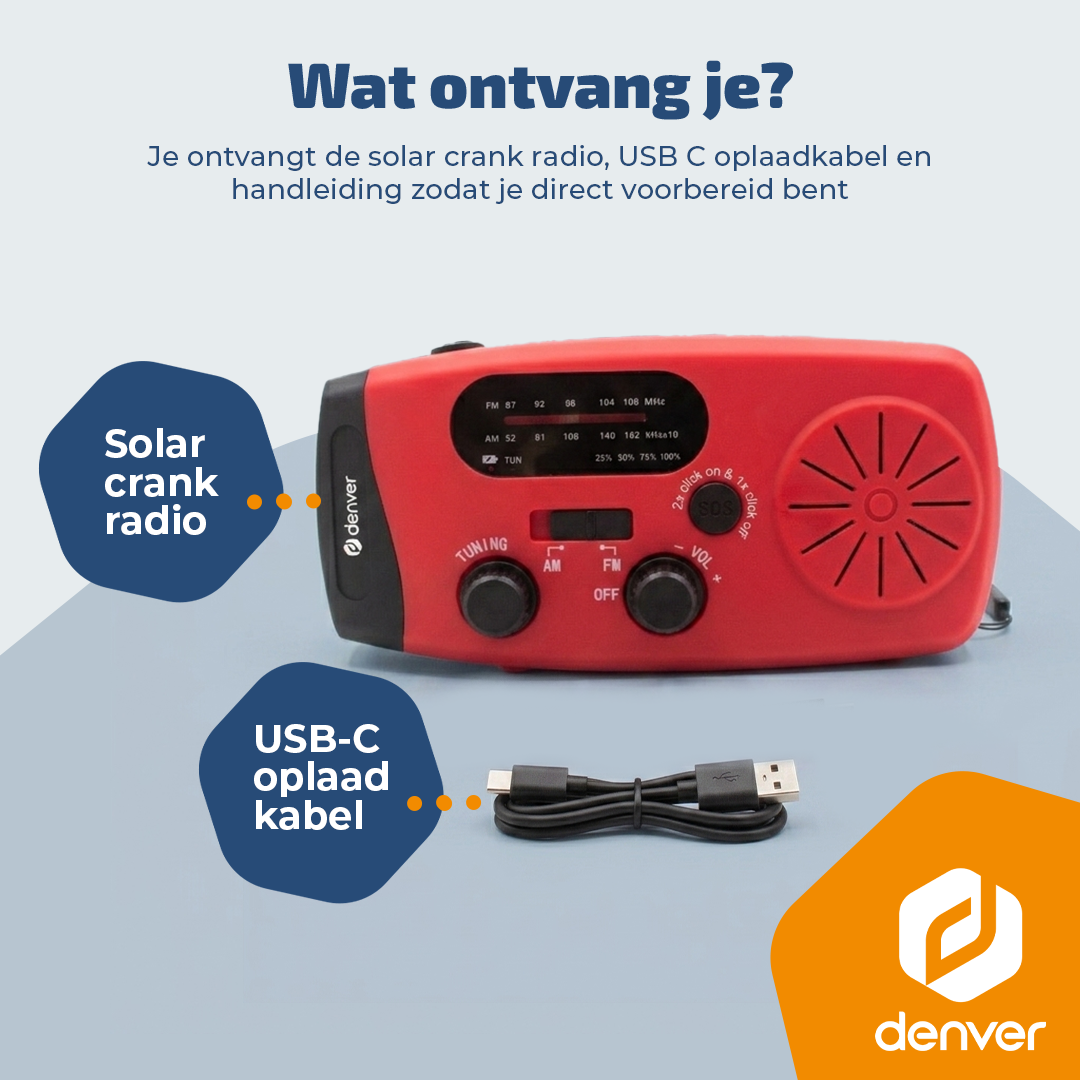 Rotes Solar-Kurbelradio mit UKW/AM-Skala, Lautsprecher, Knöpfen und einem schwarzen USB-C-Kabel auf hellem Untergrund.