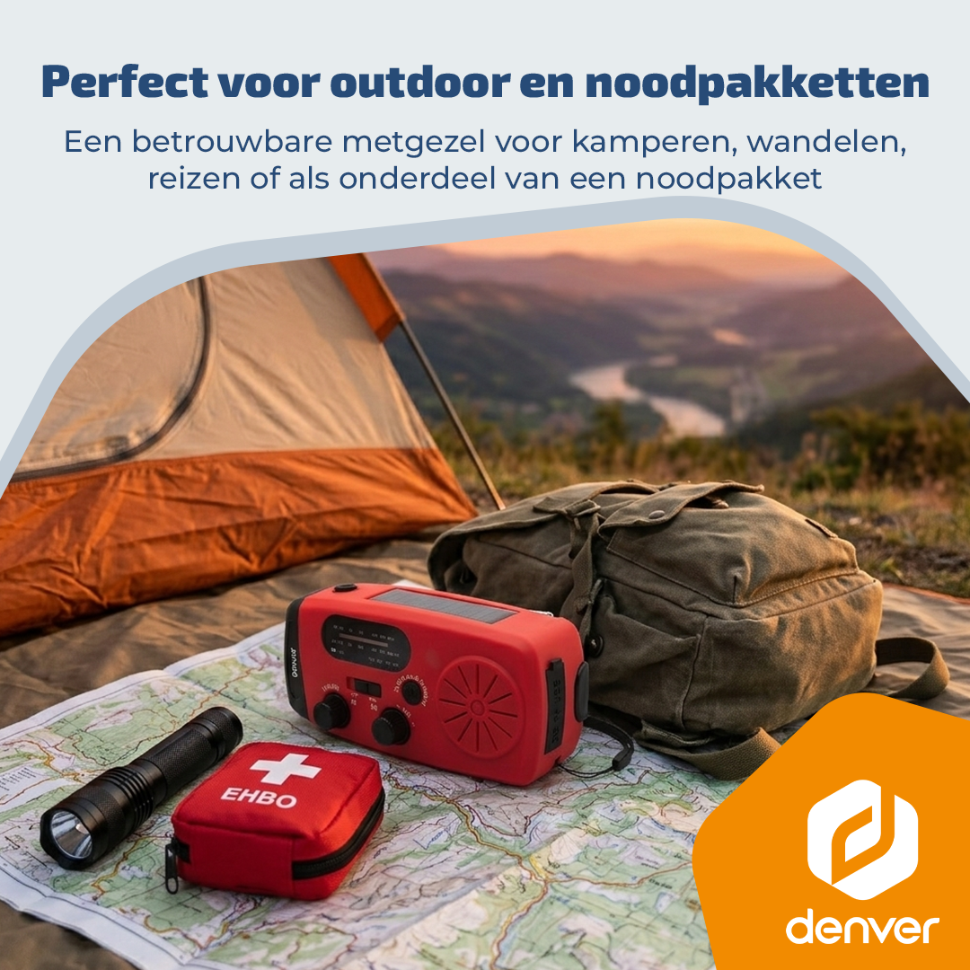 Campingausrüstung mit Zelt, Rucksack, Notradio, Taschenlampe und Erste-Hilfe-Set auf einer Landkarte.