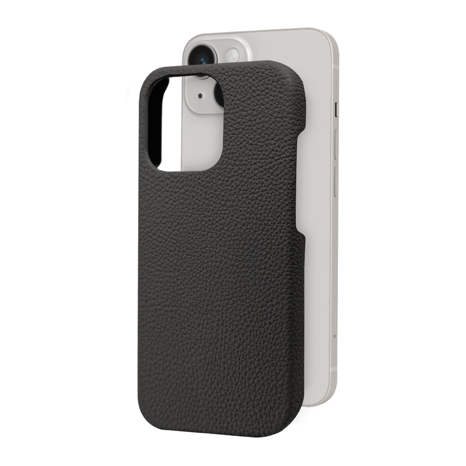 Un smartphone plateado está de pie detrás de una funda de cuero negro texturizado.
