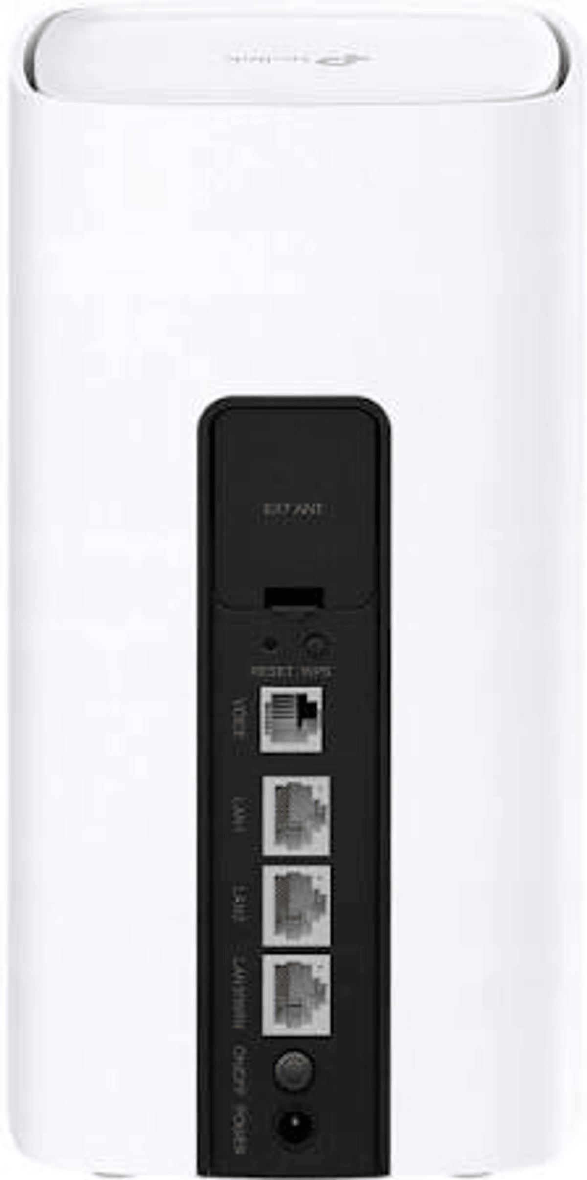 Ein weißer Router mit einem vertikalen schwarzen Bedienfeld, auf dem Anschlüsse und Tasten zu sehen sind.
