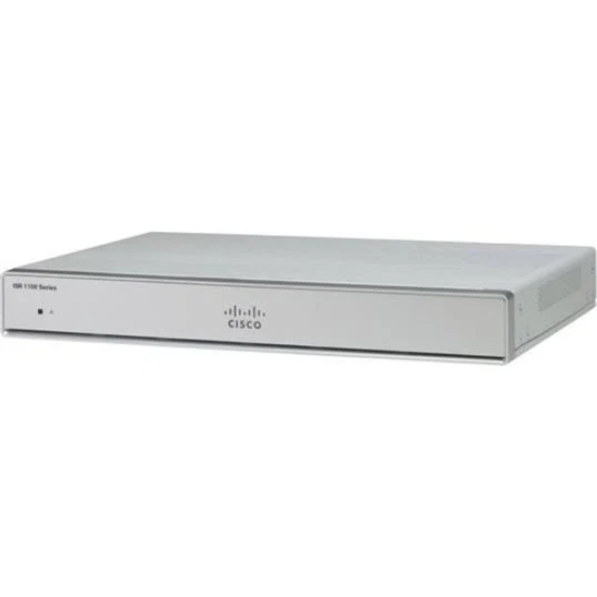 Ein silberner Cisco ISR 1100 Series Router auf weißem Hintergrund.