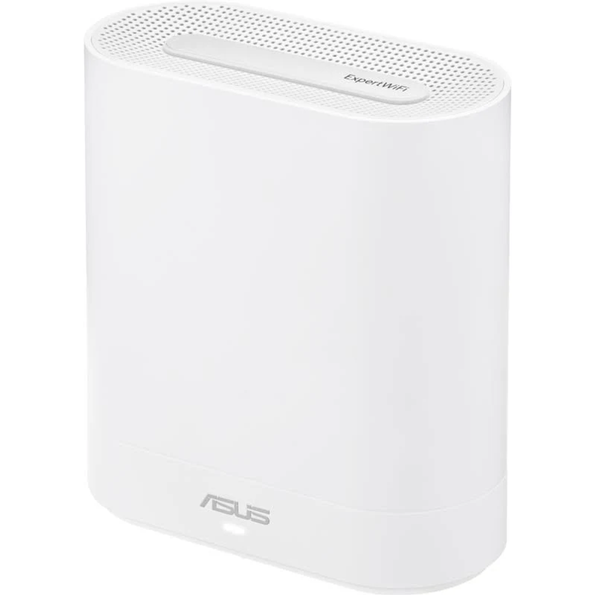 Un router Asus ExpertWiFi bianco con parte superiore perforata e logo sul davanti.