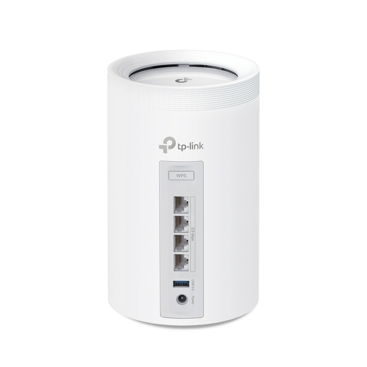 Weißer zylindrischer TP-Link WLAN-Router mit Ethernet-Anschlüssen auf der Rückseite vor weißem Hintergrund.