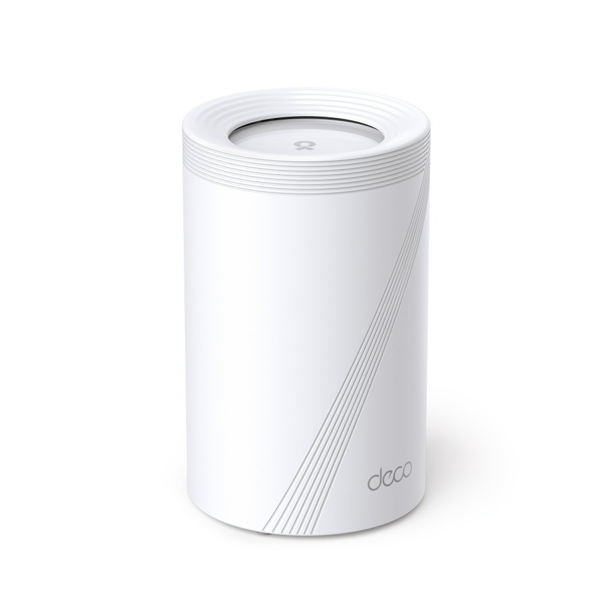 Ein weißer, zylindrischer TP-Link Deco Mesh-WLAN-Router mit Rillen an der Oberseite und dem Logo unten.