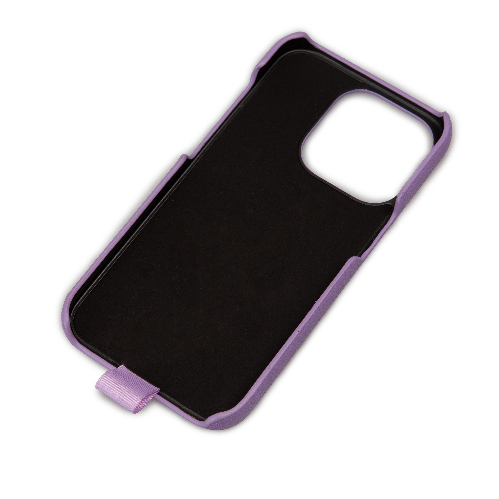 Custodia per telefono viola con interno nero e piccolo passante in basso su sfondo bianco.