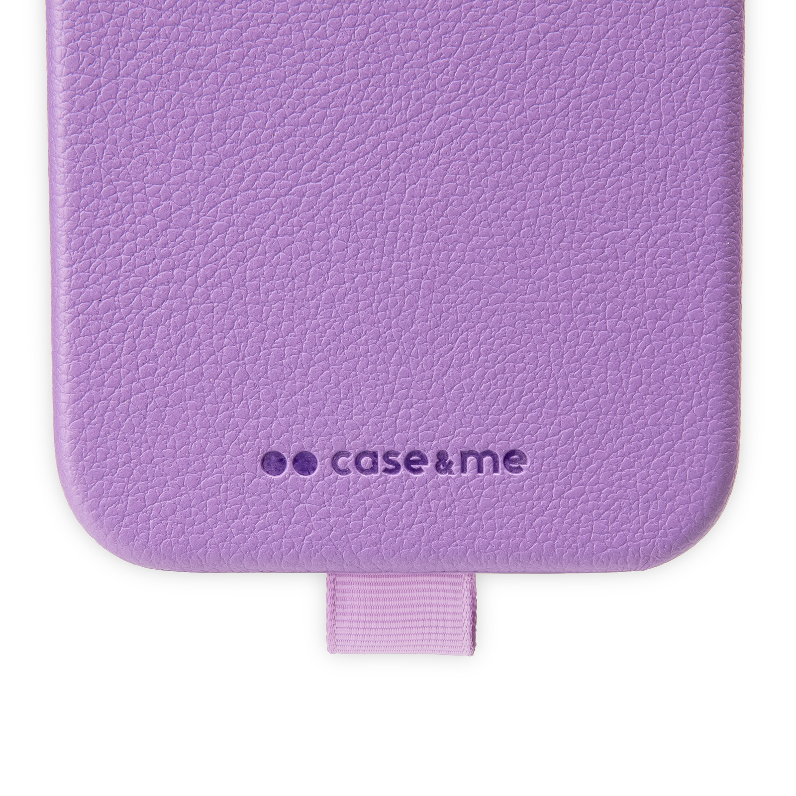 Custodia per telefono in ecopelle viola con logo e linguetta.
