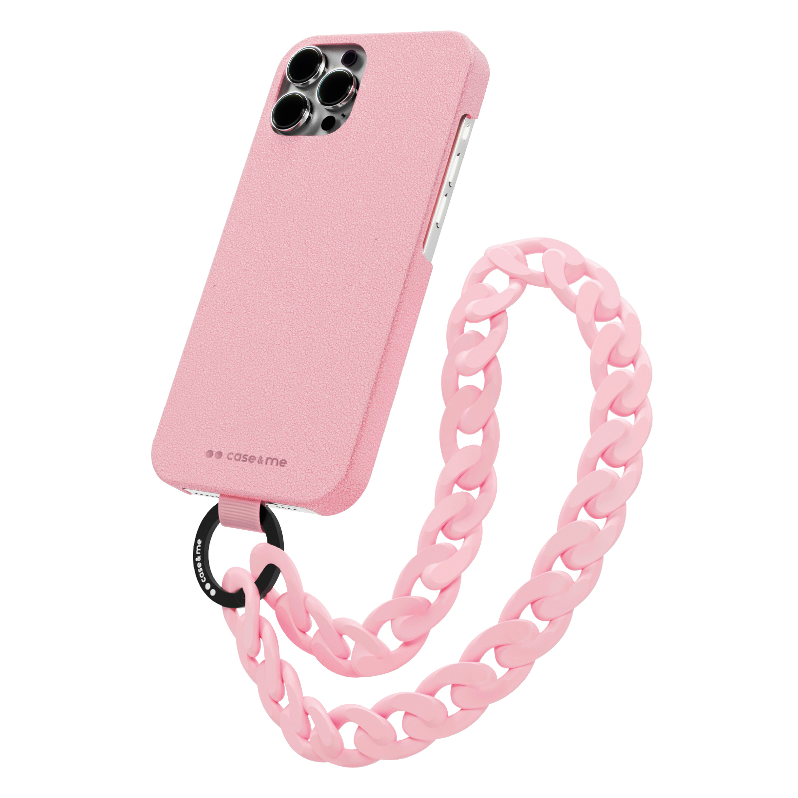 Una funda rosa para smartphone con una correa de cadena rosa a juego, aislada en fondo blanco.