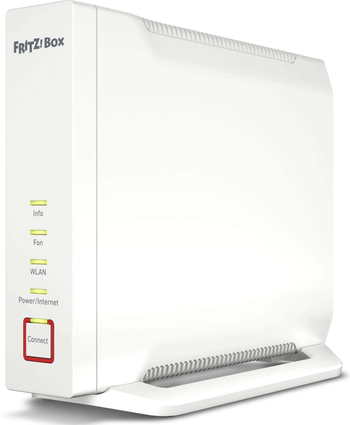 Un routeur blanc Fritz!Box avec voyants lumineux et bouton Connect sur fond blanc.