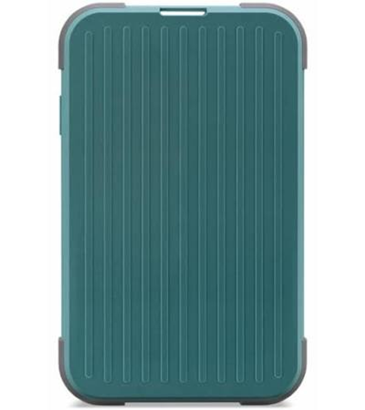 Una custodia verde per cellulare con scanalature ed angoli grigi.