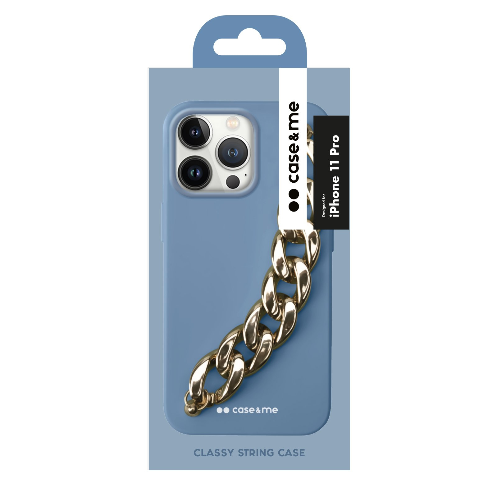 Funda azul para iPhone 11 Pro con cadena dorada en su embalaje.
