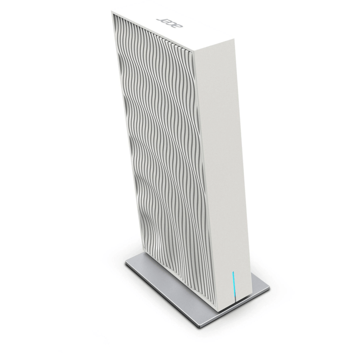 Un routeur Wi-Fi Acer blanc sur une base argentée avec une petite LED bleue, sur fond blanc.