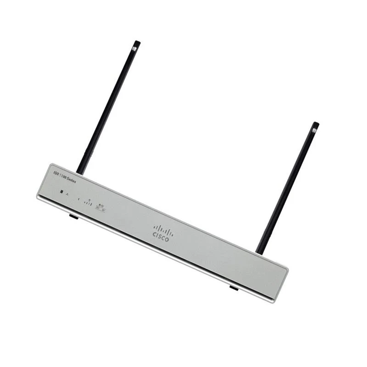 Ein silberner Cisco ISR 1100 Router mit zwei schwarzen Antennen vor weißem Hintergrund.