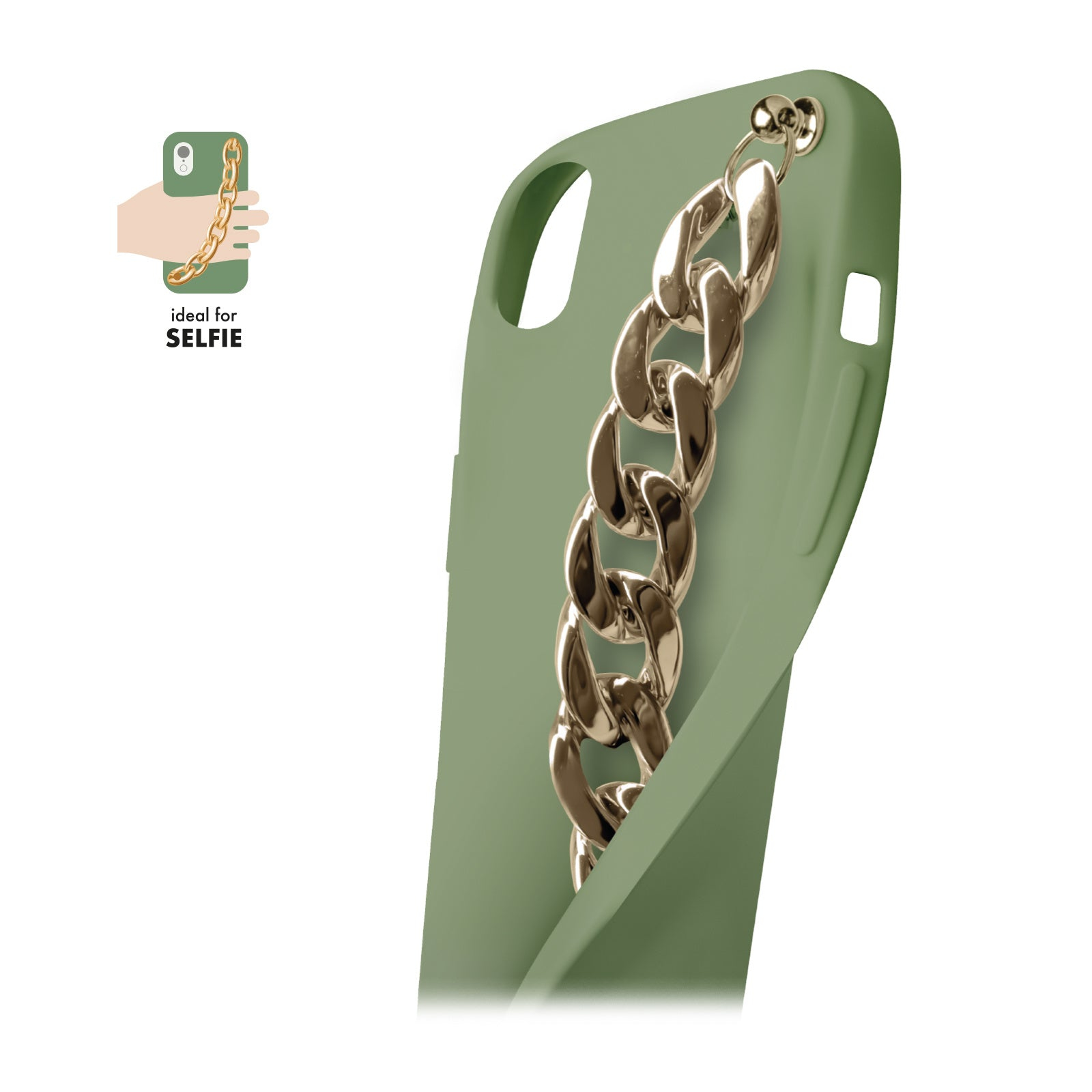 Funda de móvil verde con cadena dorada sobre fondo blanco, con gráfico para selfis.