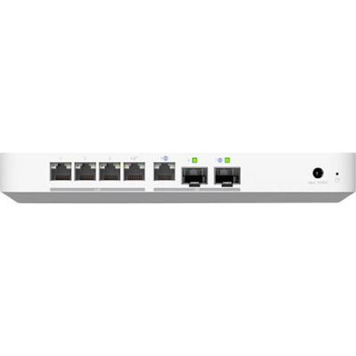 Biały przełącznik sieciowy z portami Ethernet, diodami LED i gniazdem zasilania.