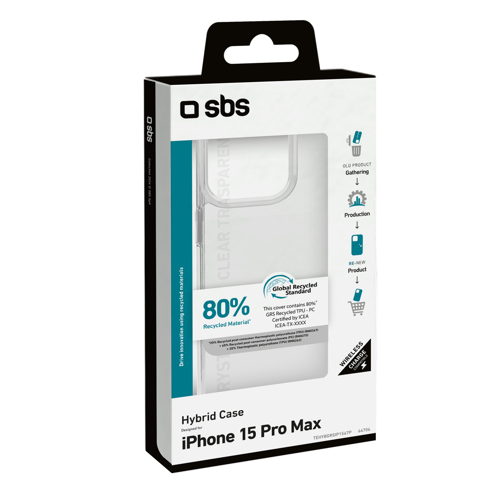 Embalaje de una funda híbrida SBS para iPhone 15 Pro Max, fabricada con materiales reciclados.