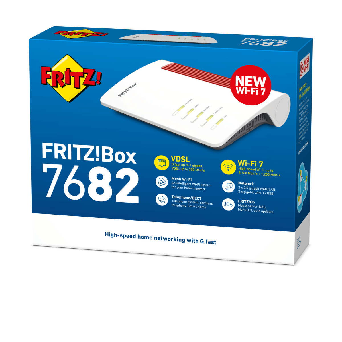 Scatola del router FRITZ!Box 7682 con un dispositivo bianco e testi sulle funzioni VDSL e Wi-Fi 7.
