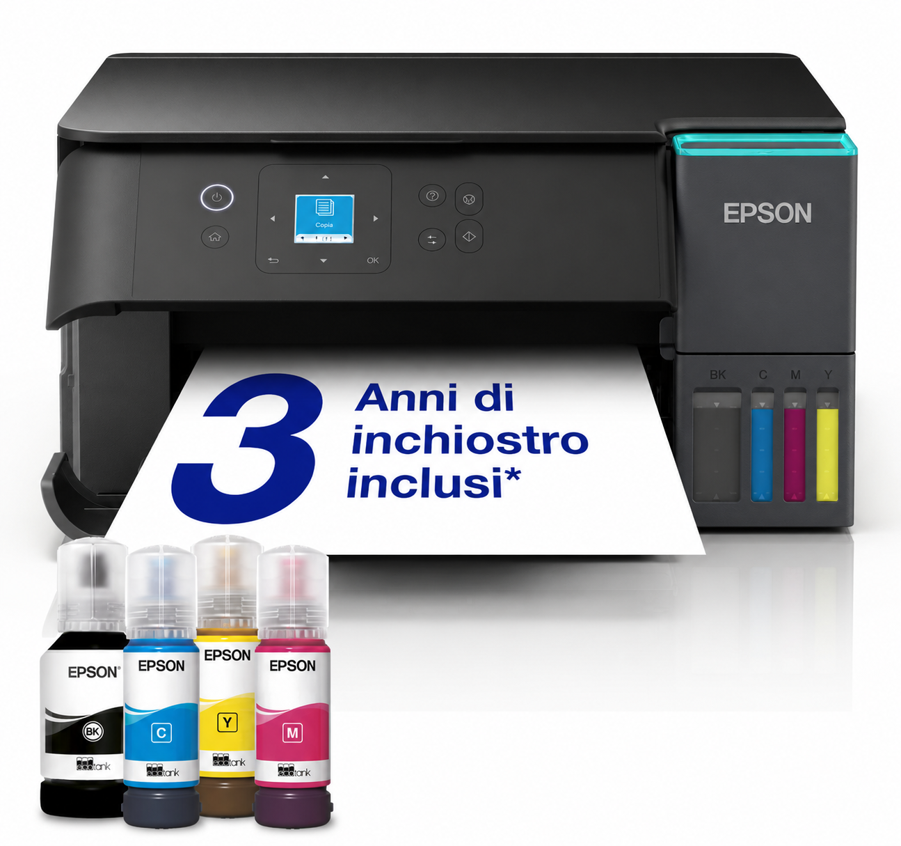Stampante Epson EcoTank con quattro flaconi di inchiostro e testo.