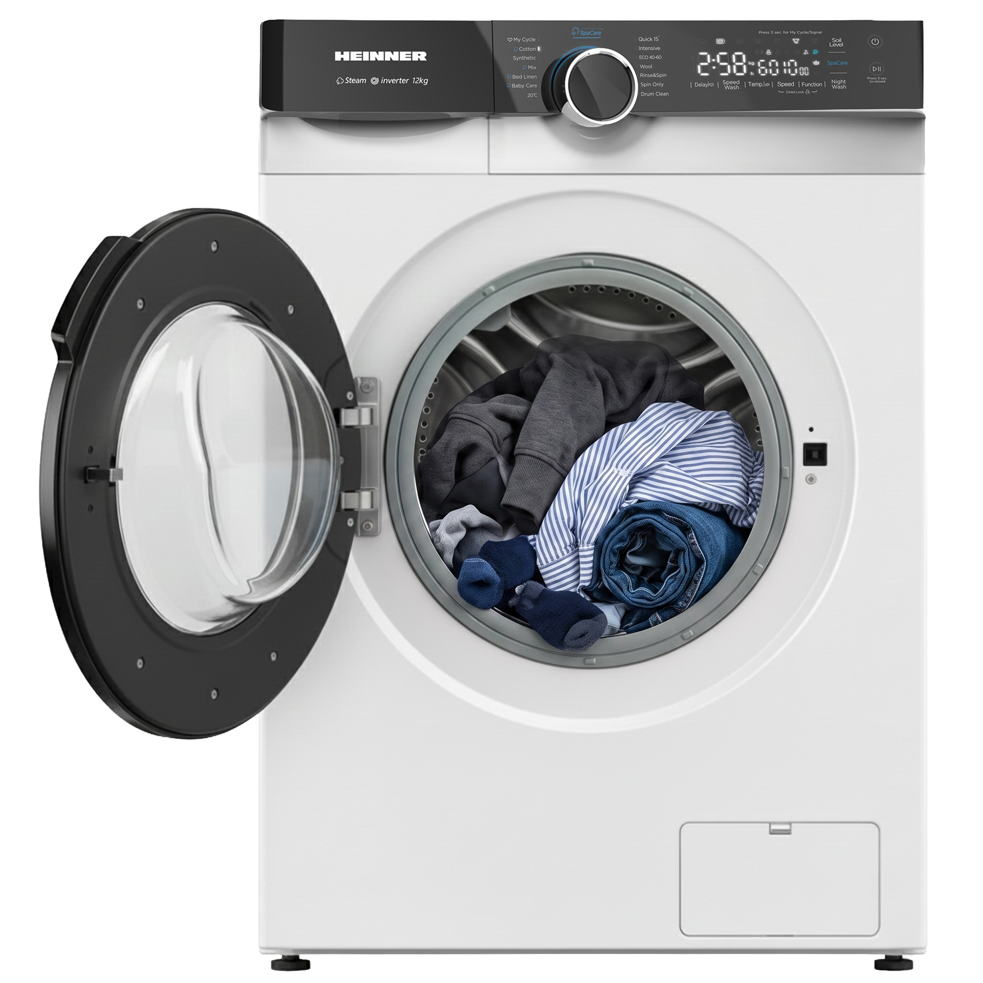 Un lave-linge blanc Heinner avec une porte ouverte et du linge dans le tambour.