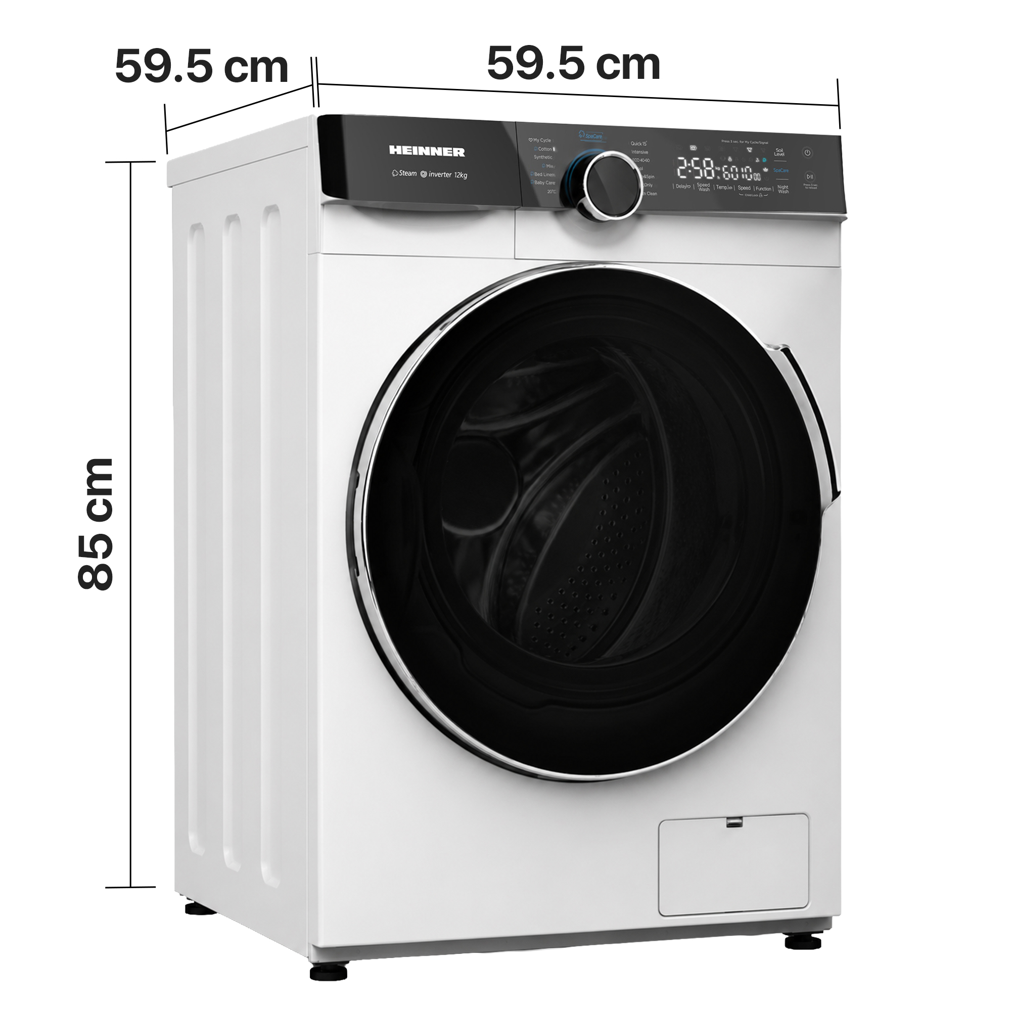 Lave-linge blanc Heinner avec affichage numérique et dimensions de 85 cm de hauteur et 59,5 cm de largeur.