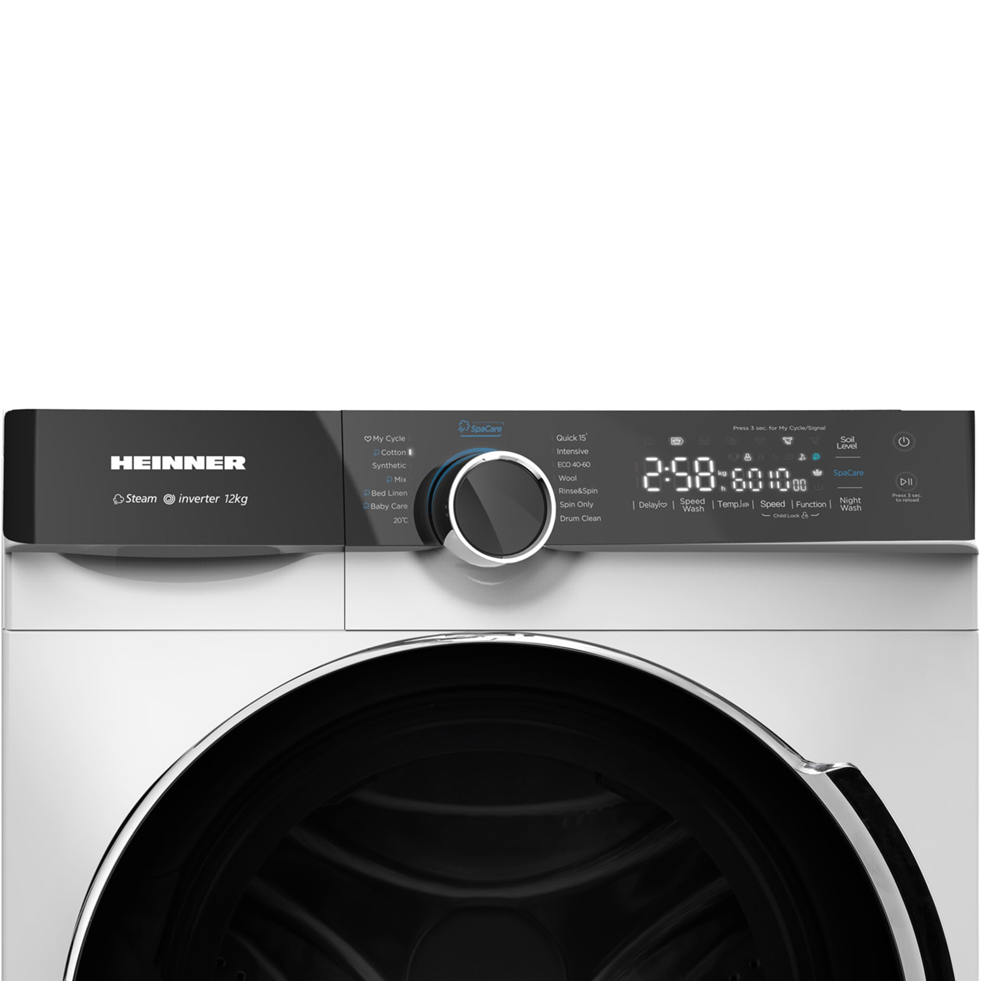 Vue de face d'un lave-linge blanc Heinner avec panneau de commande noir, bouton rotatif et affichage numérique.