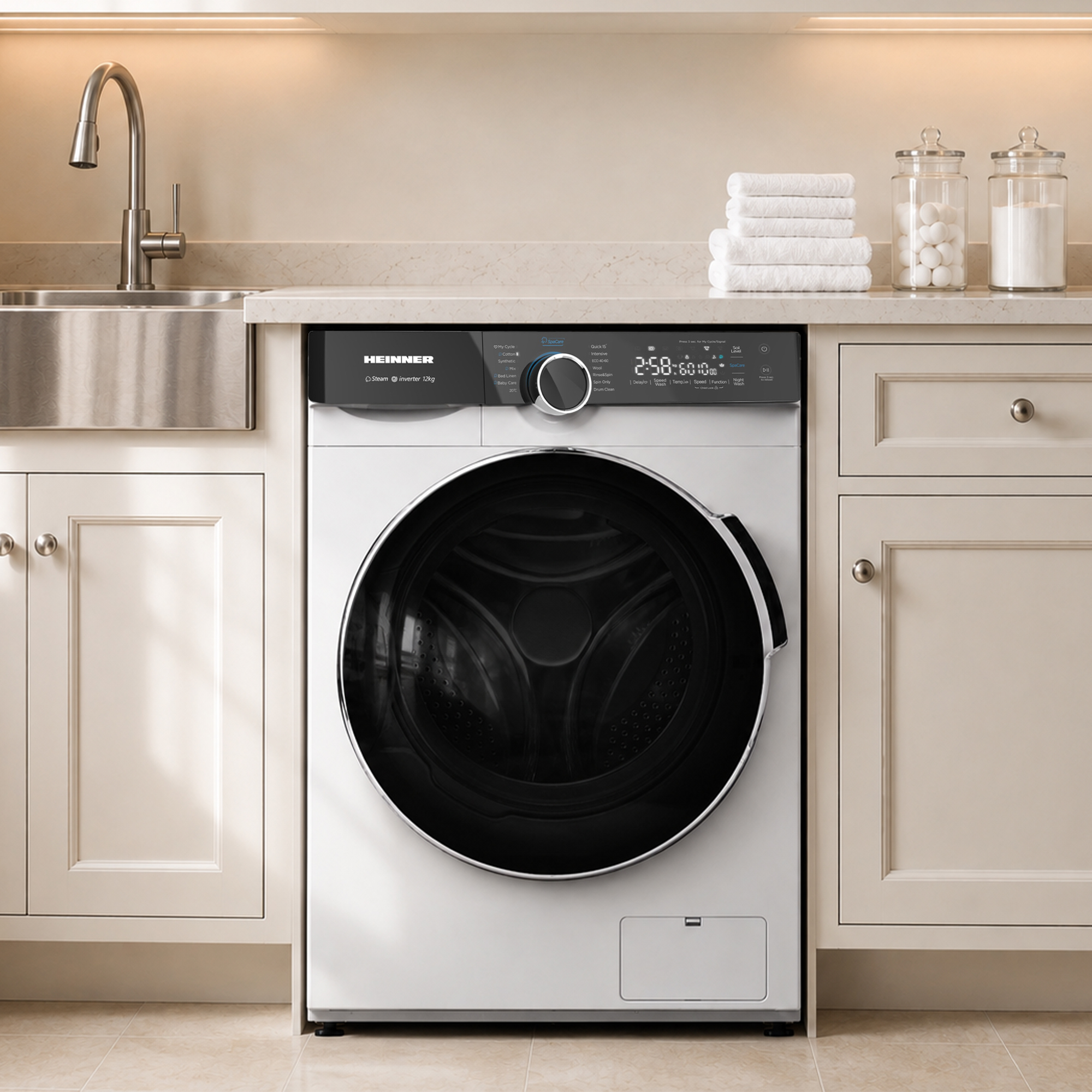 Un lave-linge blanc Heinner est installé dans une cuisine moderne avec des placards beiges, un évier et des serviettes pliées.