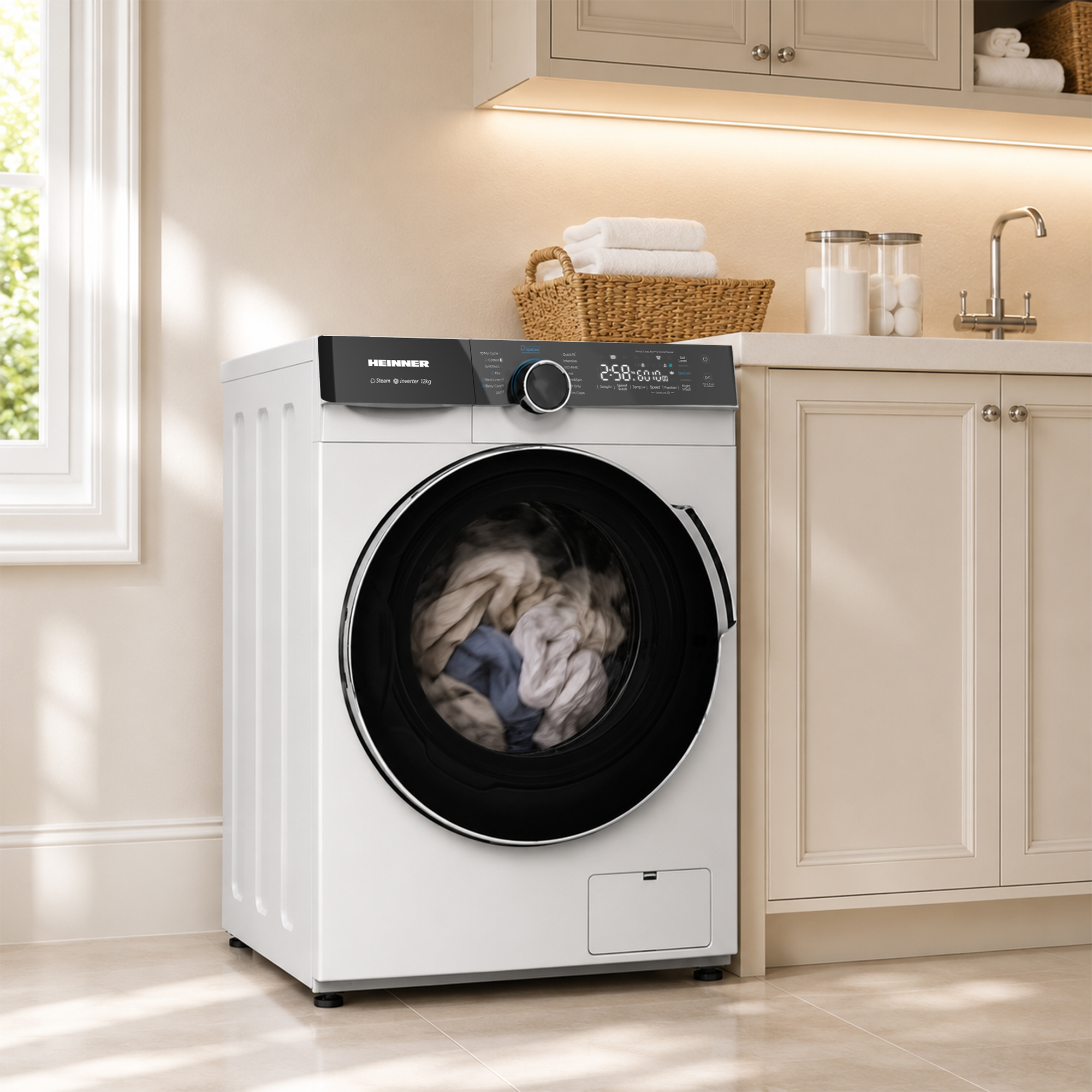 Lave-linge blanc Heinner avec panneau noir dans une cuisine moderne avec des placards beiges.