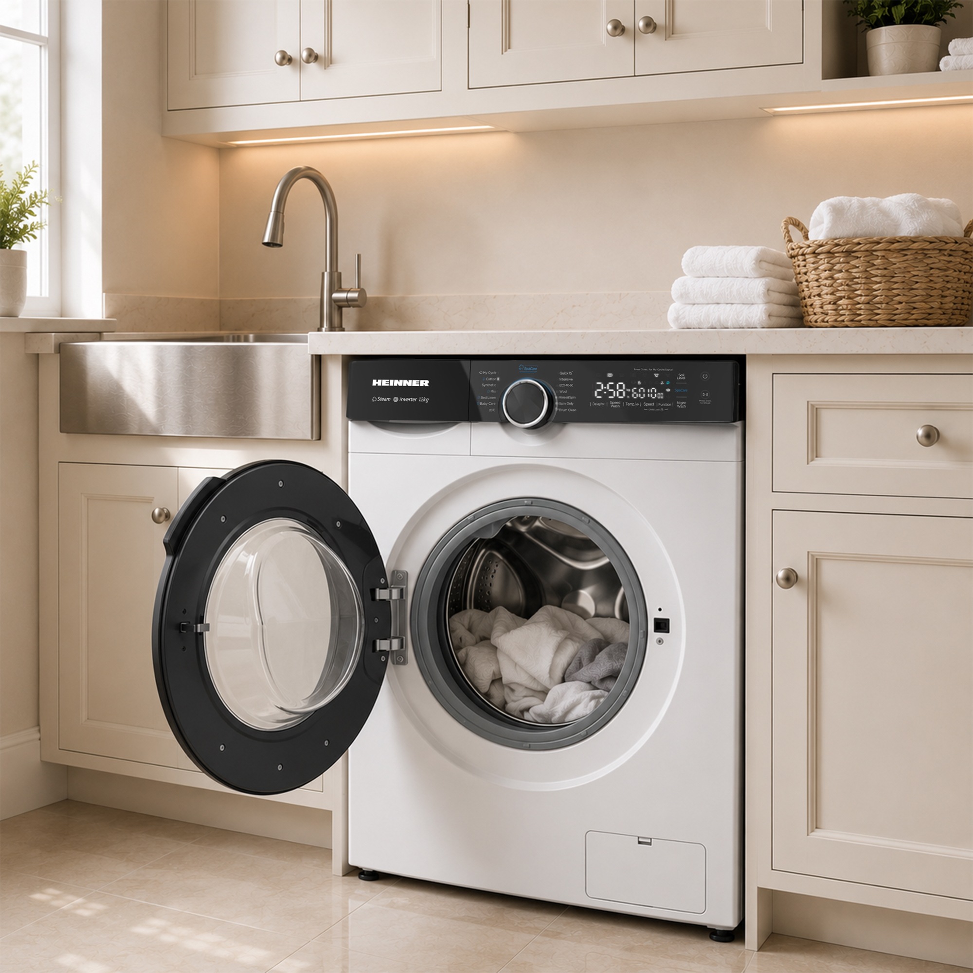 Un lave-linge blanc avec une porte ouverte se trouve dans une cuisine aux placards clairs.