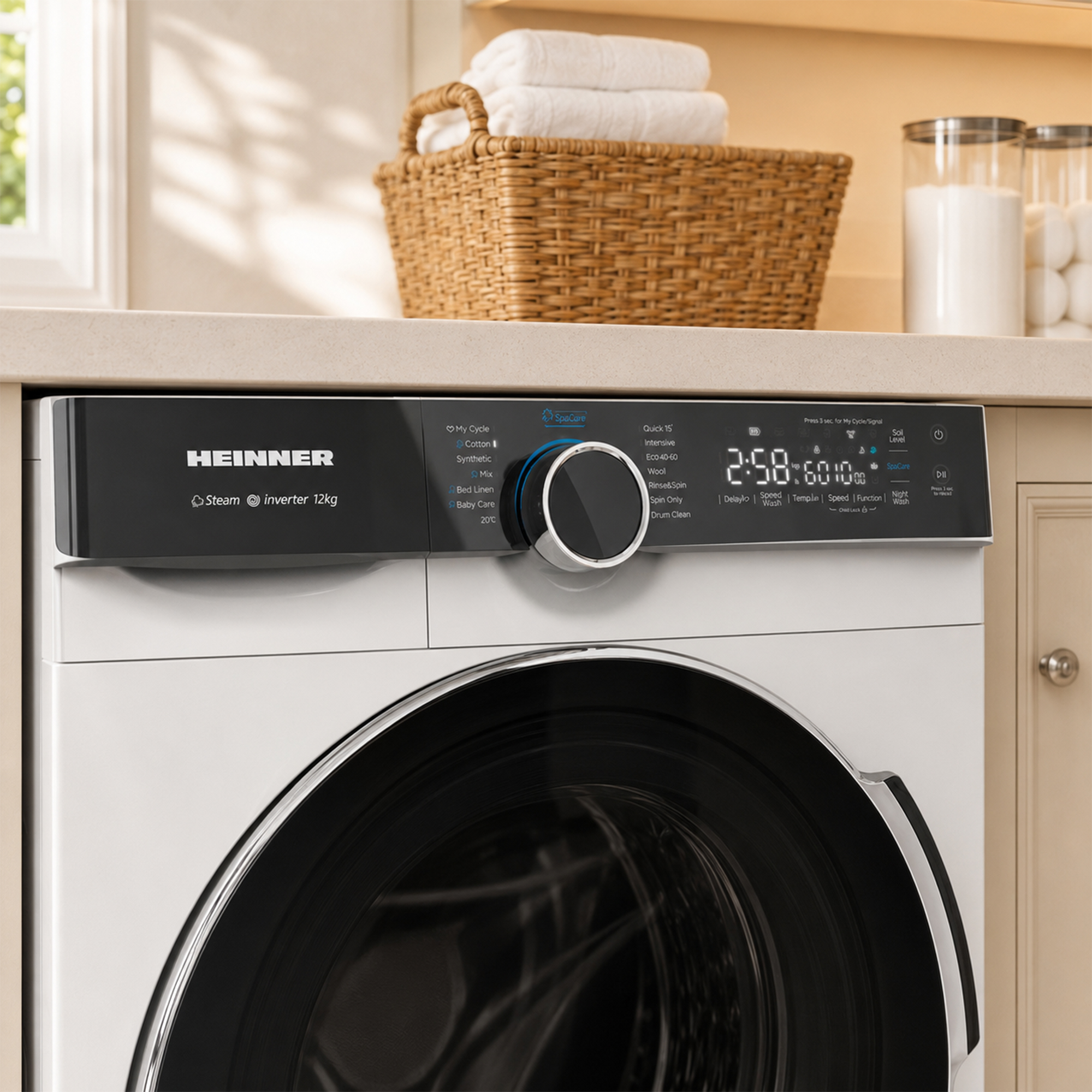 Un lave-linge blanc Heinner avec panneau de commande noir, écran numérique et sélecteur rotatif sous un comptoir.
