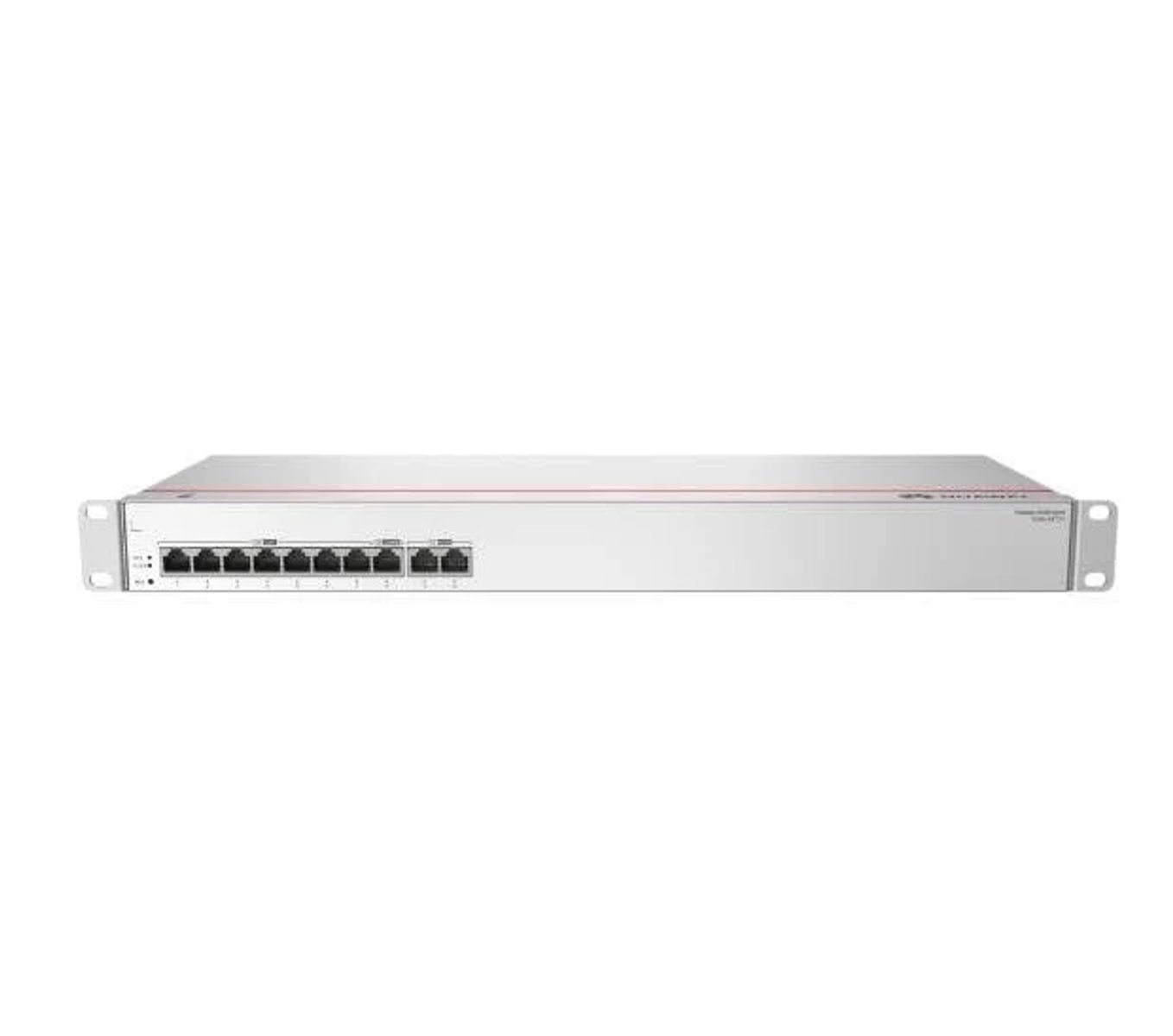 Uno switch di rete Huawei argento con porte Ethernet su sfondo bianco.