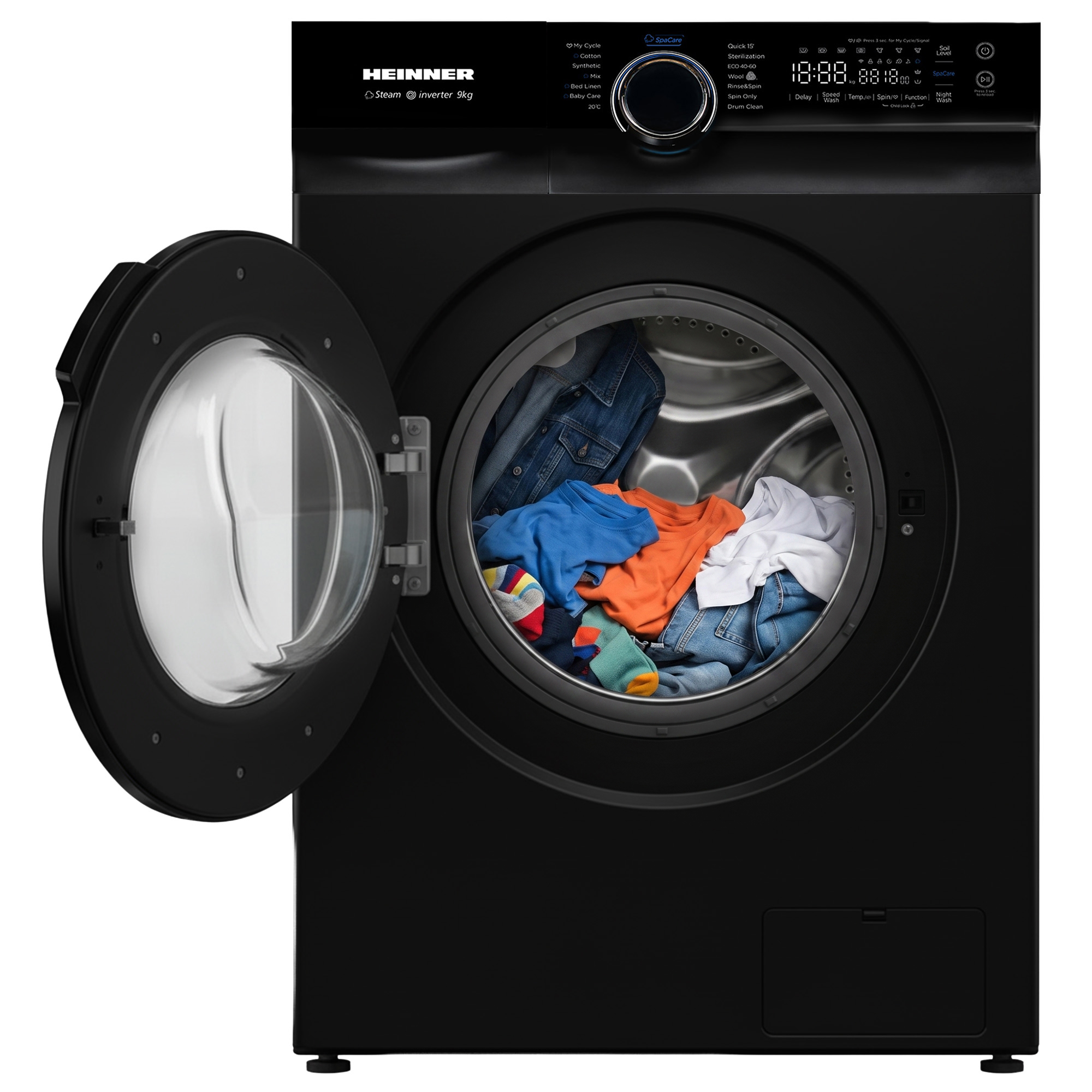 Un lave-linge noir Heinner avec une porte ouverte et du linge coloré dans le tambour.