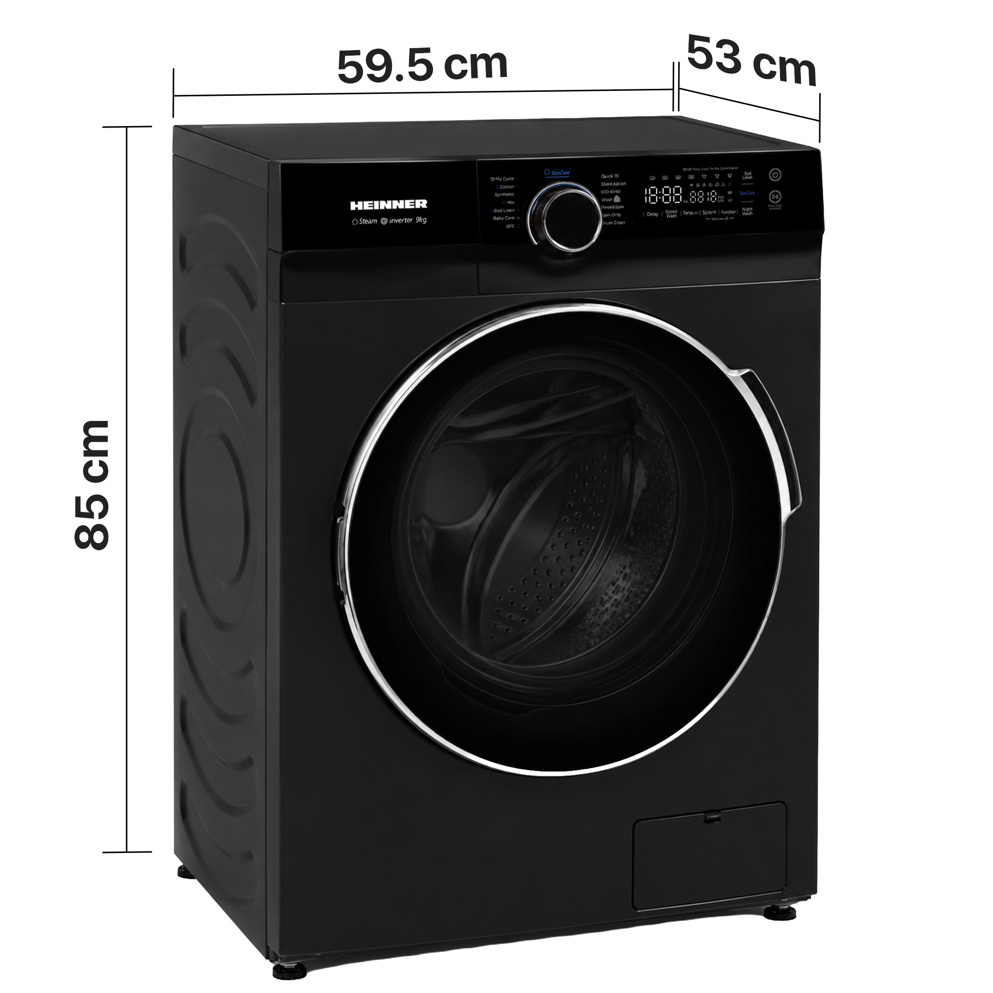 Lave-linge noir Heinner avec des dimensions de 85 cm de hauteur, 59,5 cm de largeur et 53 cm de profondeur.