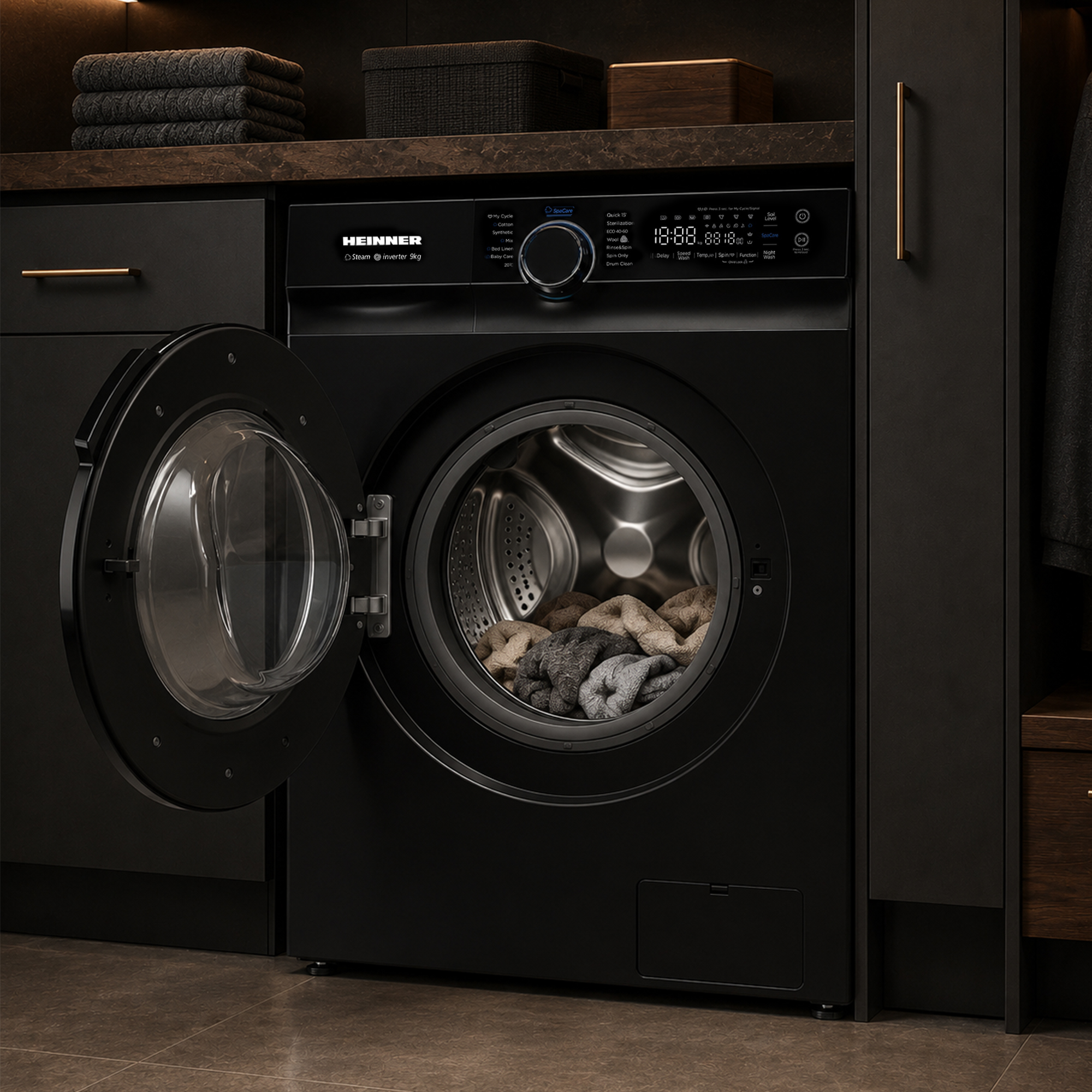 Un lave-linge hublot noir avec la porte ouverte contenant du linge, dans une buanderie en bois sombre.