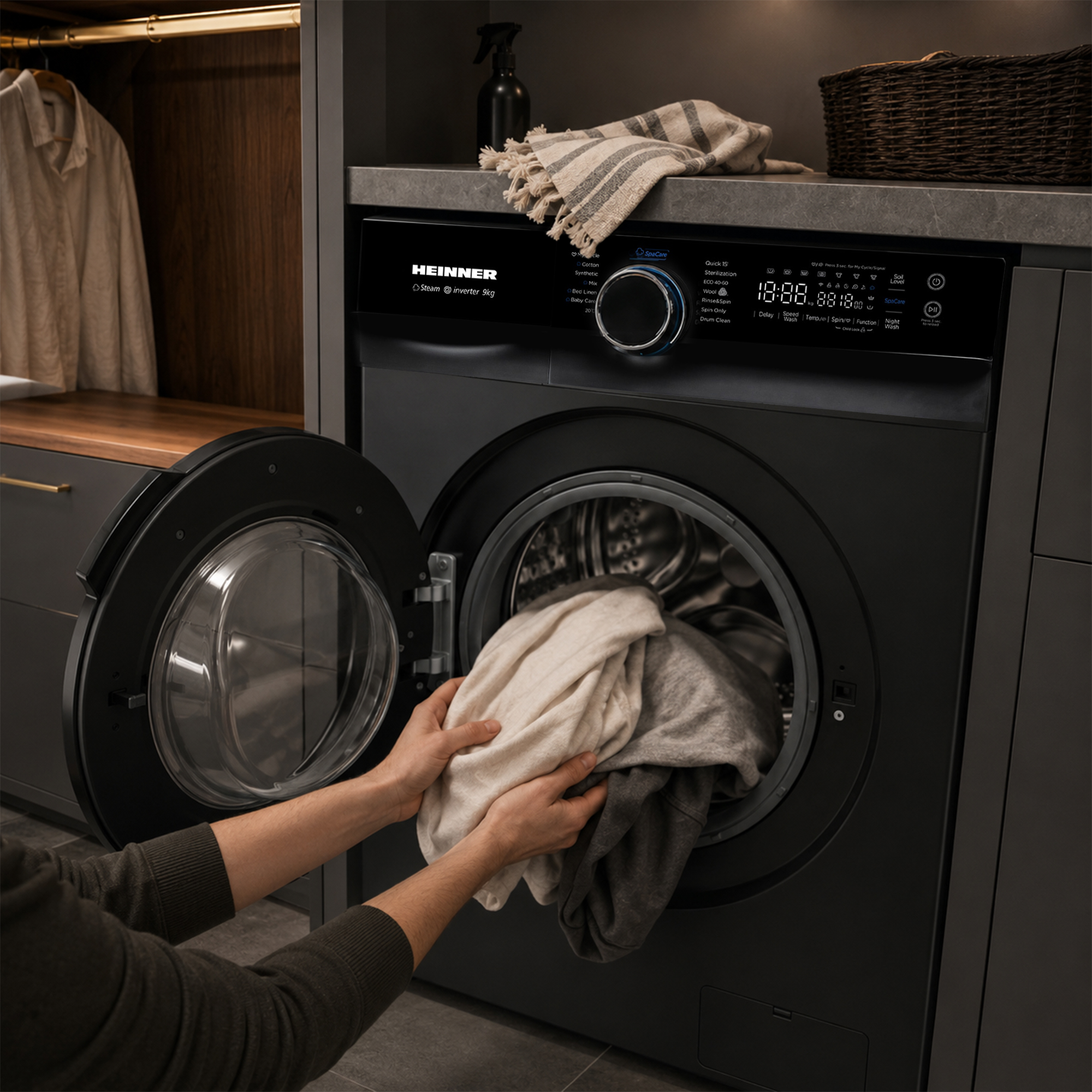 Une personne charge des vêtements clairs et sombres dans un lave-linge Heinner noir à porte ouverte.