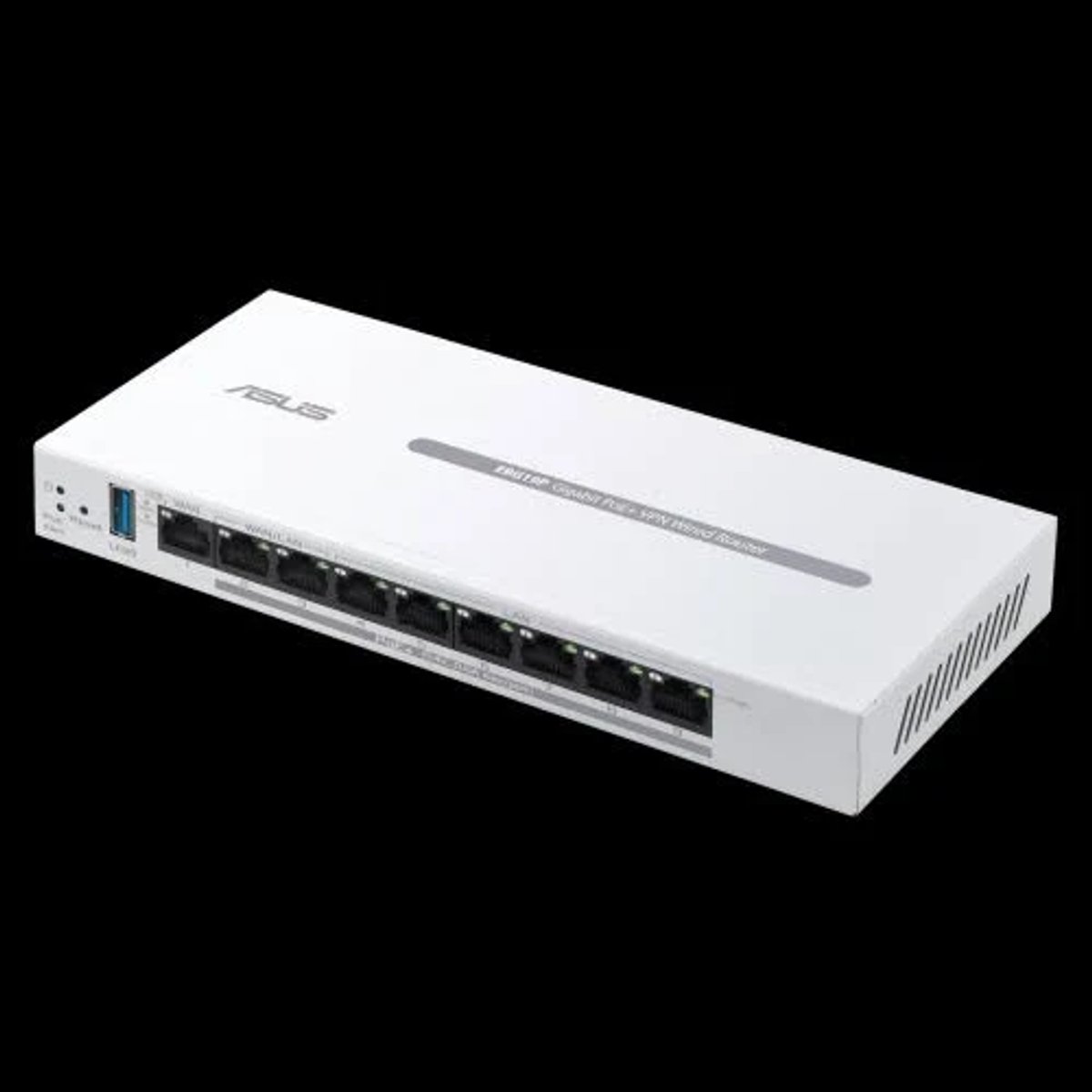 Un routeur VPN PoE Gigabit Asus blanc est présenté sur fond noir.