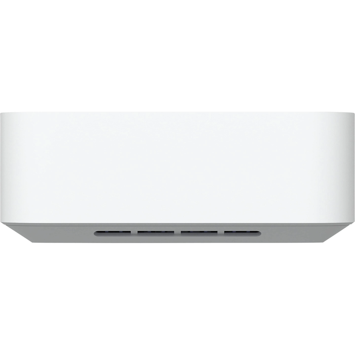 Un dispositivo elettronico rettangolare bianco con fessure di ventilazione grigie sul fondo su uno sfondo bianco.
